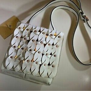 PATRICIA NASH Metallic Gold & White Braided Leather Crossbody Bag NWT